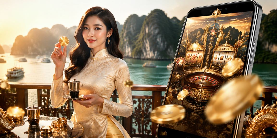 Thiếu nữ áo dài Việt Nam dùng điện thoại đặt cược thể thao tại vịnh Hạ Long