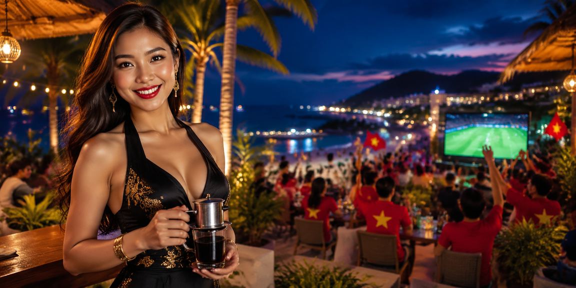 Người dùng Phú Quốc xem kèo thể thao trên điện thoại bên ly cà phê biển